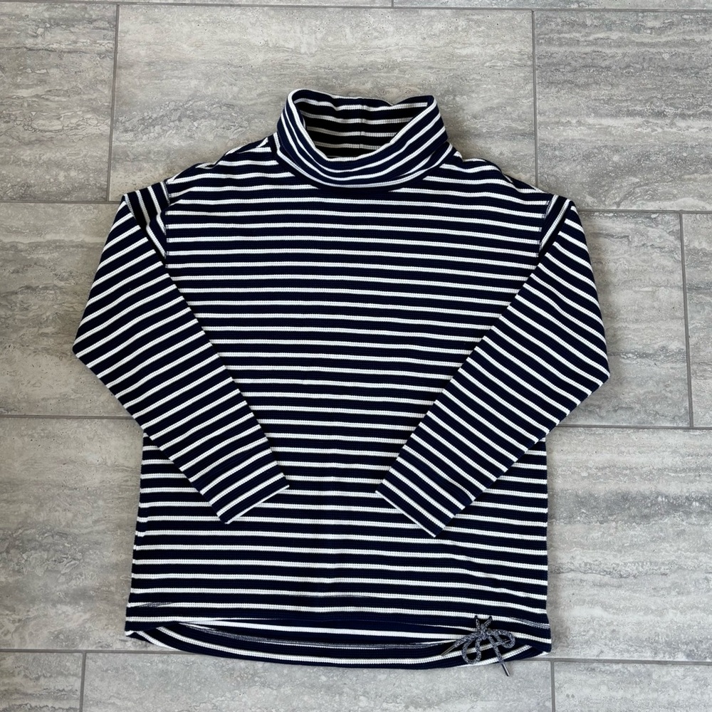 lands end womens Nautical Long Sleeve Waffle Funnel Neck Top Drawstring Waist M